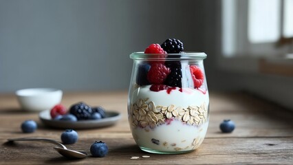 Oat, yogurt with berries in glass