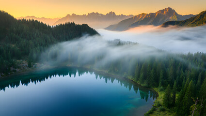 Fototapeta premium Sunrise over a serene mountain lake, reflecting the morning mist and colorful sky