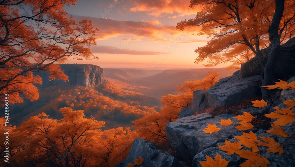 Poster scenic autumn landscape with colorful trees and distant cliff view