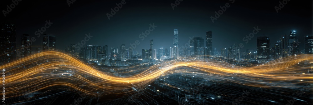 Poster glowing data lines flow gracefully across a modern city skyline at night, showcasing a vibrant urban