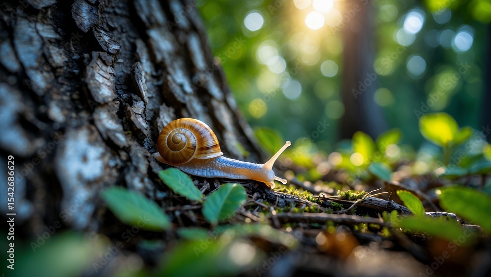 Poster snail moving on tree trunk in forest with sunlight shining through