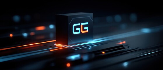 Futuristic, glowing black cube with illuminated text