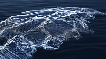 3D render of topographic lines on a dark blue background creating a digital wireframe representation of an ocean landscape
