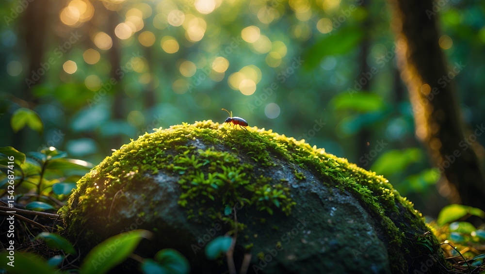Poster bug on mossy rock in forest with sunlight creating bokeh