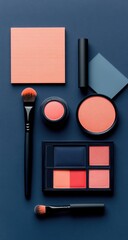 Flat lay of makeup products in peach and muted blue tones on dark background