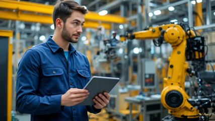 Smart factory operator uses tablet to control the robotic arm in industrial manufacturing - Powered by Adobe