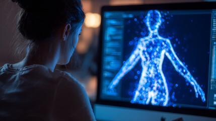 Female programmer is focused on her computer screen, visualizing digital representation of human body in blue particles