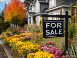 For Sale sign in front of upscale suburban home surrounded by colorful flowers and greenery, creating welcoming atmosphere