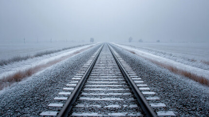 Long train track stretches into distance, surrounded by serene winter landscape covered in snow, evoking sense of calm and solitude