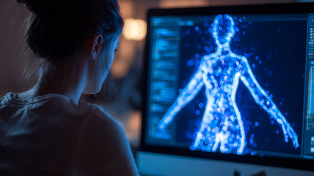 Female programmer is focused on her computer screen, visualizing digital representation of human body in blue particles
