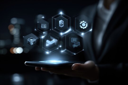 Hand holding a phone with glowing tech icons