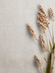 Beige linen fabric with dried grasses arranged elegantly, creating serene and natural aesthetic. Perfect for home decor or textile design