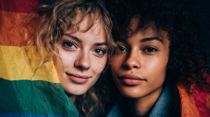 Two beautiful happy young women of different races, wrapped in rainbow flag, showcasing diversity and friendship