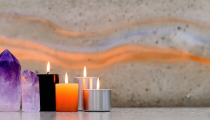 Candles and crystals on a surface.  Soft lighting