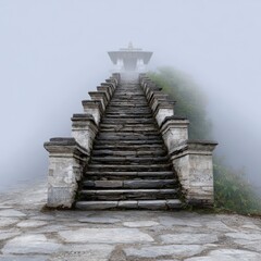 Obraz premium Temple steps in Nepal leading upward into fog, inviting visual flow that allows space for overlaid text