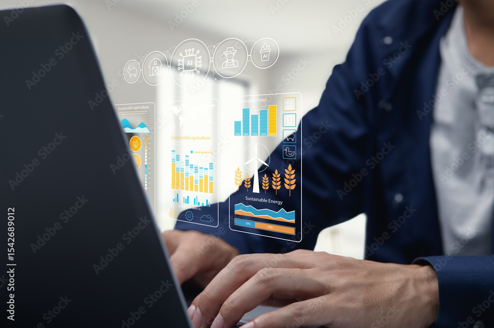 Poster modern farm technology interface displaying sustainable data insights