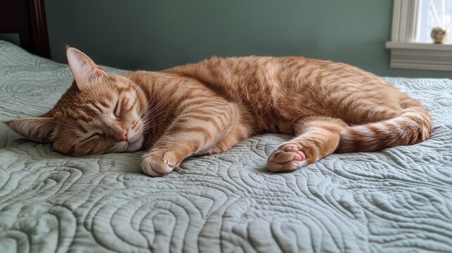 Orange tabby cat peacefully sleeping curled on a light green quilted bed. - Powered by Adobe