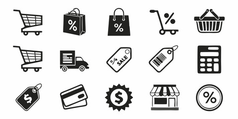 Black silhouette illustration of various shopping and retail related icons including carts bags and price tags and store fronts
