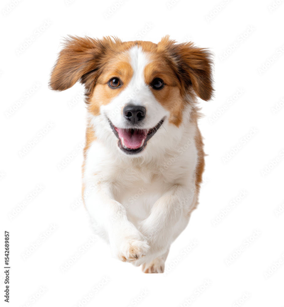 Poster a joyful dog with a fluffy coat running towards the camera in a bright studio setting. showcasing it
