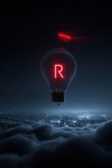 Illuminated lightbulb letter R floating above clouds