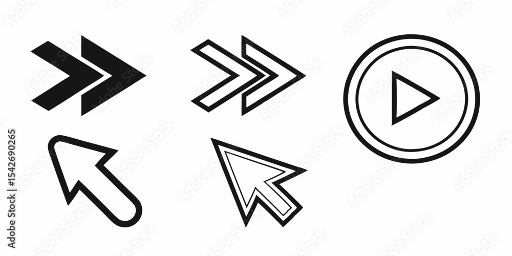 Poster black silhouette collection of forward arrows and play buttons in various styles and orientations di