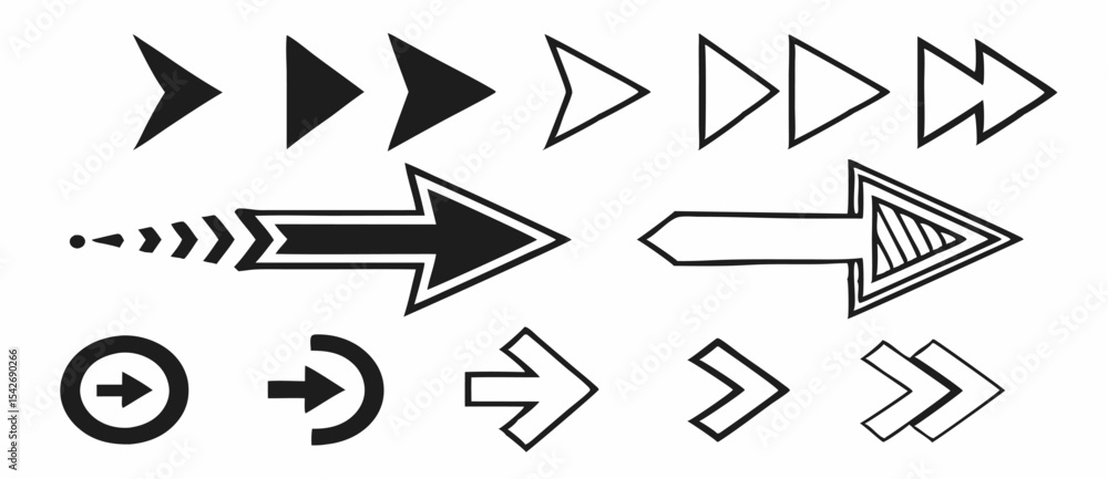 Poster black silhouette collection of various black arrow icons pointing right and left with a running man 