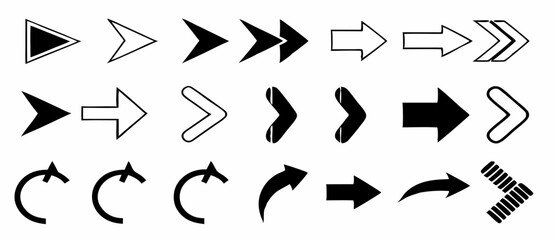 Black silhouette collection of various arrow designs including solid, outlined, circular, and directional indicators design