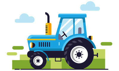 flat-style illustration of a blue farm tractor with yellow accents, driving across a green field with lighter green stripes, under a bright sky with fluffy white clouds.