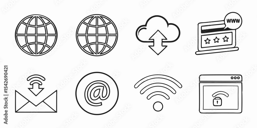 Poster black silhouette collection of various outline icons representing internet connectivity and communic