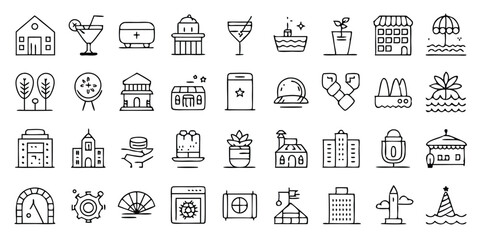 set of 45 outline line art icons related to resort linear vector icon set