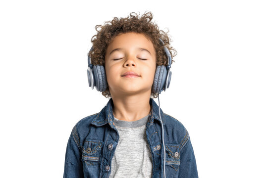 A young boy with curly hair wearing headphones. enjoying music with closed eyes. set against a plain white background. capturing a moment of blissful relaxation and concentration