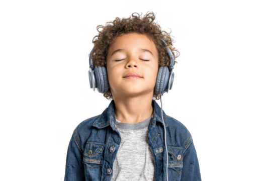 A young boy with curly hair wearing headphones. enjoying music with closed eyes. set against a plain white background. capturing a moment of blissful relaxation and concentration