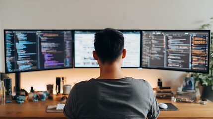 An administrative assistant using two monitors, multitasking efficiently. He is a young man of East Asian descent. 