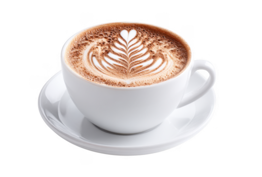 A beautifully crafted cup of coffee featuring intricate latte art with a heart and leaf design. placed on a clean white saucer against a minimalistic background. ideal for food and beverage photograph