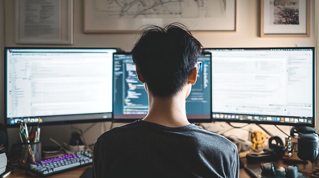 An administrative assistant using two monitors, multitasking efficiently. He is a young man of East Asian descent. 