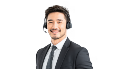 A professional man in a suit wearing a headset. smiling confidently at the camera. set against a clean white background. ideal for corporate or customer service-related imagery