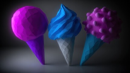 Three vibrant, polygon-shaped ice cream cones