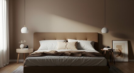 A minimalistic bedroom with soft lighting and a cozy atmosphere in a modern home
