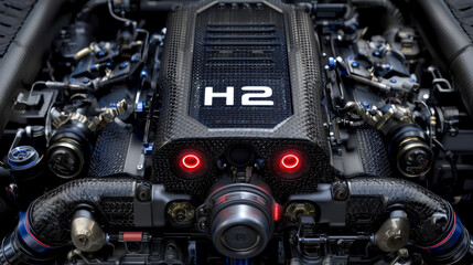 Fototapeta premium Futuristic hydrogen engine with H2 label, showcasing advanced technology and intricate design. engine features carbon fiber elements
