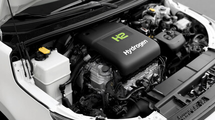 Hydrogen engine in car with H2 and Hydrogen labels, showcasing eco friendly technology. engine is surrounded by various components