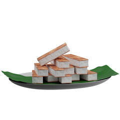3D illustration of wingko babat, a traditional Indonesian coconut rice cake, served on a plate, perfect for snack and dessert visuals.
