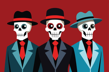 Three stylish skeletons wearing fedoras and suits on a red background