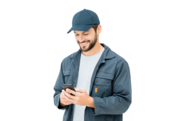 A smiling man in a casual outfit and cap. standing against a plain background. engaged in using a smartphone. conveying a sense of modern communication and leisure