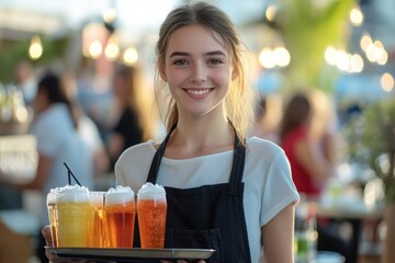 Young waitress outdoors, holding tray with fizzy drinks, people and tables blurred in background