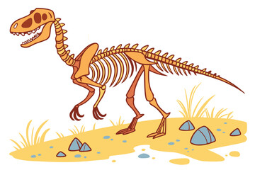 Fototapeta premium Cartoon Dinosaur Skeleton Illustration on a Pale Yellow Ground with Rocks