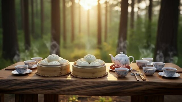 Wooden table with steaming baozi tea and outdoor forest setting
