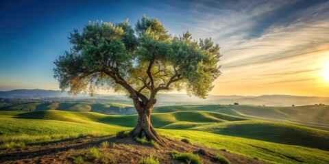 Fototapeta premium Serene Sunrise Over Rolling Hills and a Majestic Solitary Tree