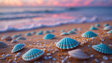 Naklejka premium Seashells on Sandy Beach at Sunset with Gentle Waves Approaching