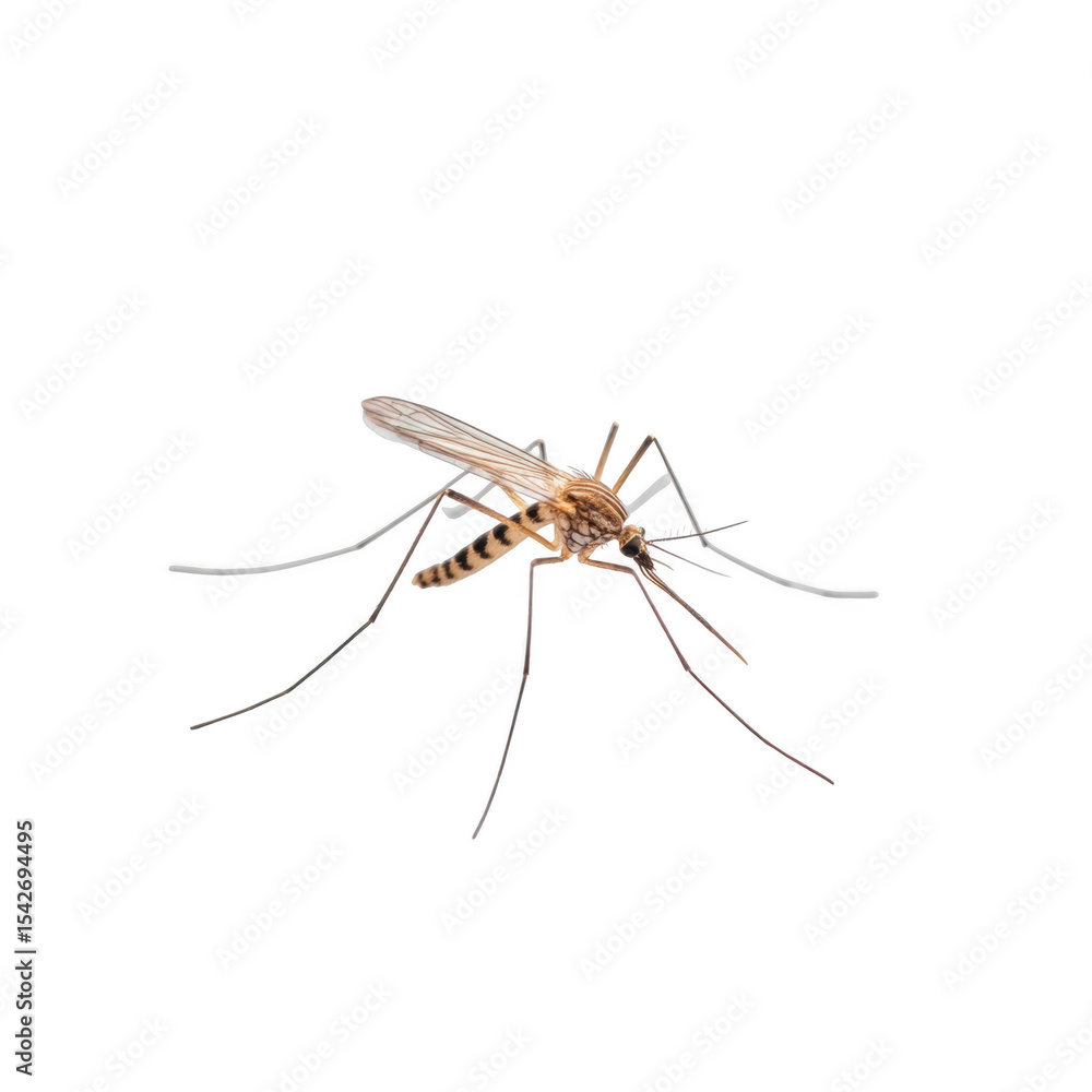 Poster close-up view of a mosquito resting on a smooth white surface. showcasing its intricate body structu