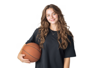 A young woman with long. wavy hair smiles while holding a basketball in a neutral studio setting. conveying confidence and athleticism. ideal for sports-related content
